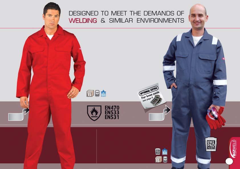 BIZ1: Bizweld TM Coverall EN 470-1, EN 531: A, B1, C1 & EN 533 Two chest pockets with flaps. Side pockets with access. Stud front. Rule pocket. Concealed mobile phone pocket.