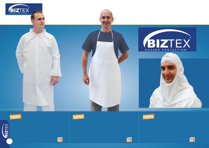 ST31: BizTex SMS Coat 5/6 ST42: BizTex Microporous Apron 6/5 ST46: BizTex Microporous Hood 6/5 60 Breathable Spunbond Meltblown Polypropylene (55g).