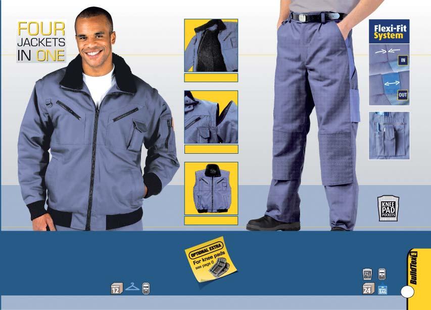 ZIP-OUT FUR LINER ZIP-OUT SLEEVES Combat thigh with mobile phone pocket on right leg LINED & UNLINED BODYWARMER BP10: Detroit Pilot Jacket BP21: Idaho 10 Pocket Trousers (contrast trim) Zip-out