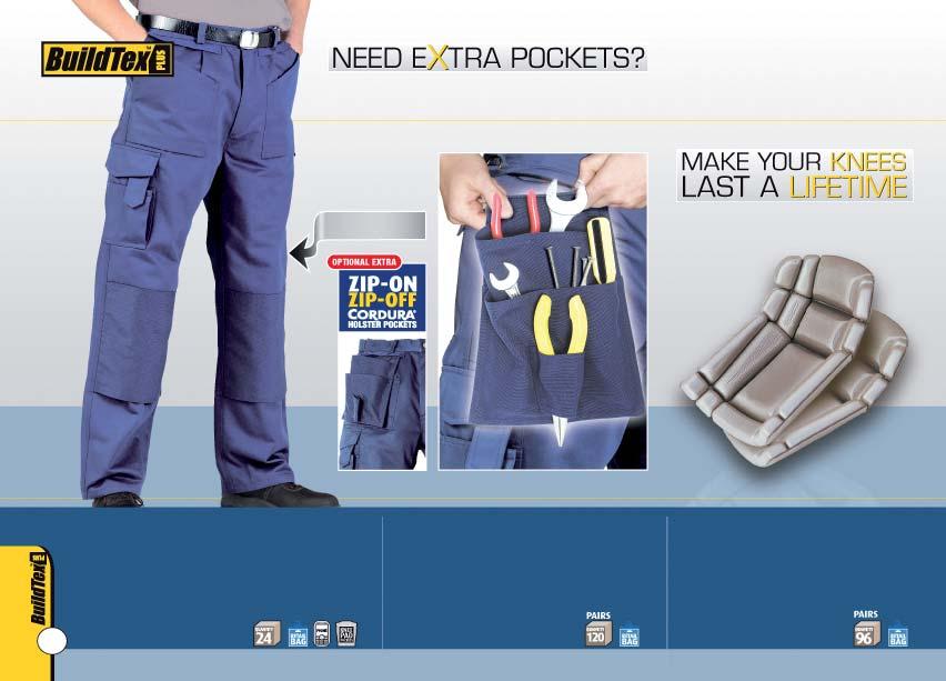 DOUBLE RULE POCKET BP20: Chicago 13 Pocket Trousers BP90: Zip-on/Zip-off Holster Pockets S156: Portwest Knee Pads 6 Zip-on/Zip-off Holster Pockets (optional extra). Flexi-Fit waistband system.