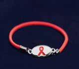 This sterling silver plated toggle bracelet has red leather woven through the links.