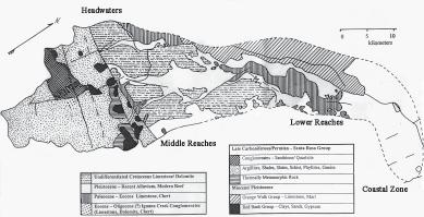 Figure 23.3 Map of the Sibun watershed showing chert areas in vertical stripes (Boles 1999: 4).