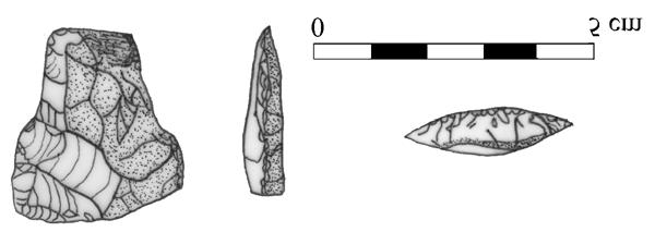 Figure 22.3 Bifacial tool used as a hammerstone (illustration by author). Operation 22 at Pakal Na yielded what appears to be a stemmed biface fragment, possibly a stemmed spear point (Figure 22.4).