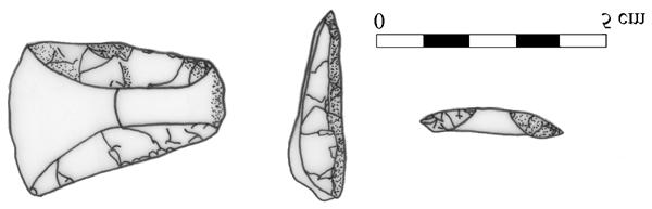 A reworked distal blade fragment was found at the Oshon site. It was produced from coarse chert and the workmanship was poor with large, uneven flakes removed from the tool.