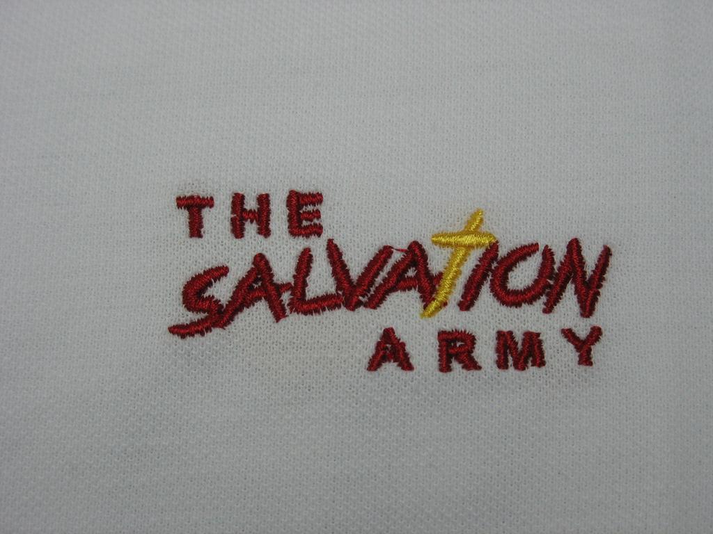 THE Salvation Army Logo Polo olo-shirt Sizes AvailableXS, S, M, L, L XL, & XXL Navy Blue (yellow wording w/white cross) Red (white wording w/yellow cross) White (red wording w/yellow