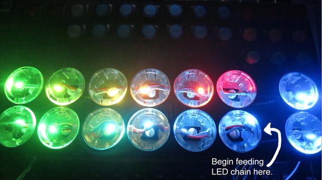 When feeding in the LEDs, start with the 6th LED in the bottom row,