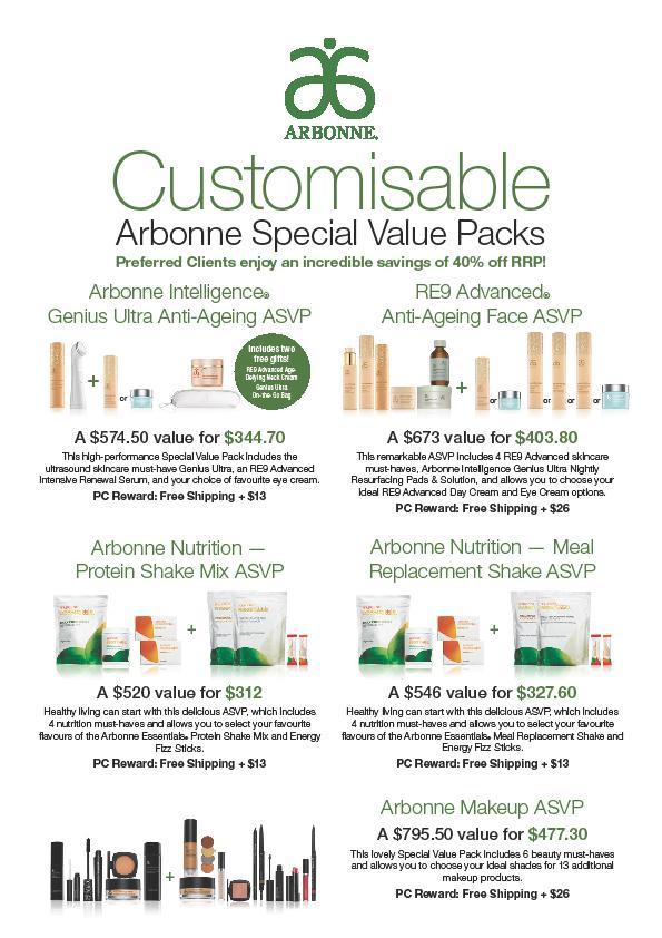 Simply Save Arbonne Special Value Packs Great Value with ongoing discounts and rewards Ongoing 40% off packs and 20% of individual products