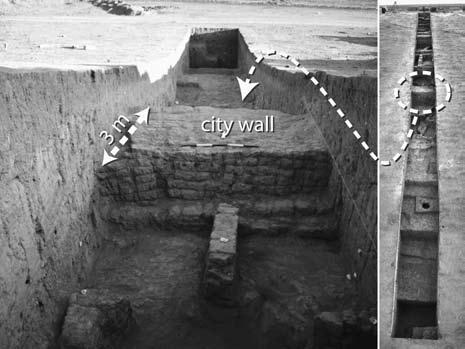 Figure 6. Area A: View of step trench (right); close-up of fourthmillennium b.c. city wall (left) Figure 7. Area B: Plan of tripartite building (TpB-A) excavated in 2001.