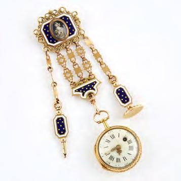ruby endstone; in an 18k yellow gold case suspended from an 18k yellow gold chatelaine with a fob seal and a key; all decorated with miniatures