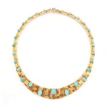 85 BIRKS GERMAN GROSSÉ 18K YELLOW GOLD NECKLACE set with 28 oval turquoise cabochons length 16 in 40.6 cm, 80.