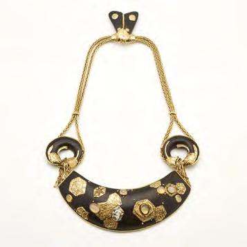 125 CHARLES DE TEMPLE 18K YELLOW GOLD AND EBONY NECKLACE set with 7 opal cabochons and a small carved hardstone panel