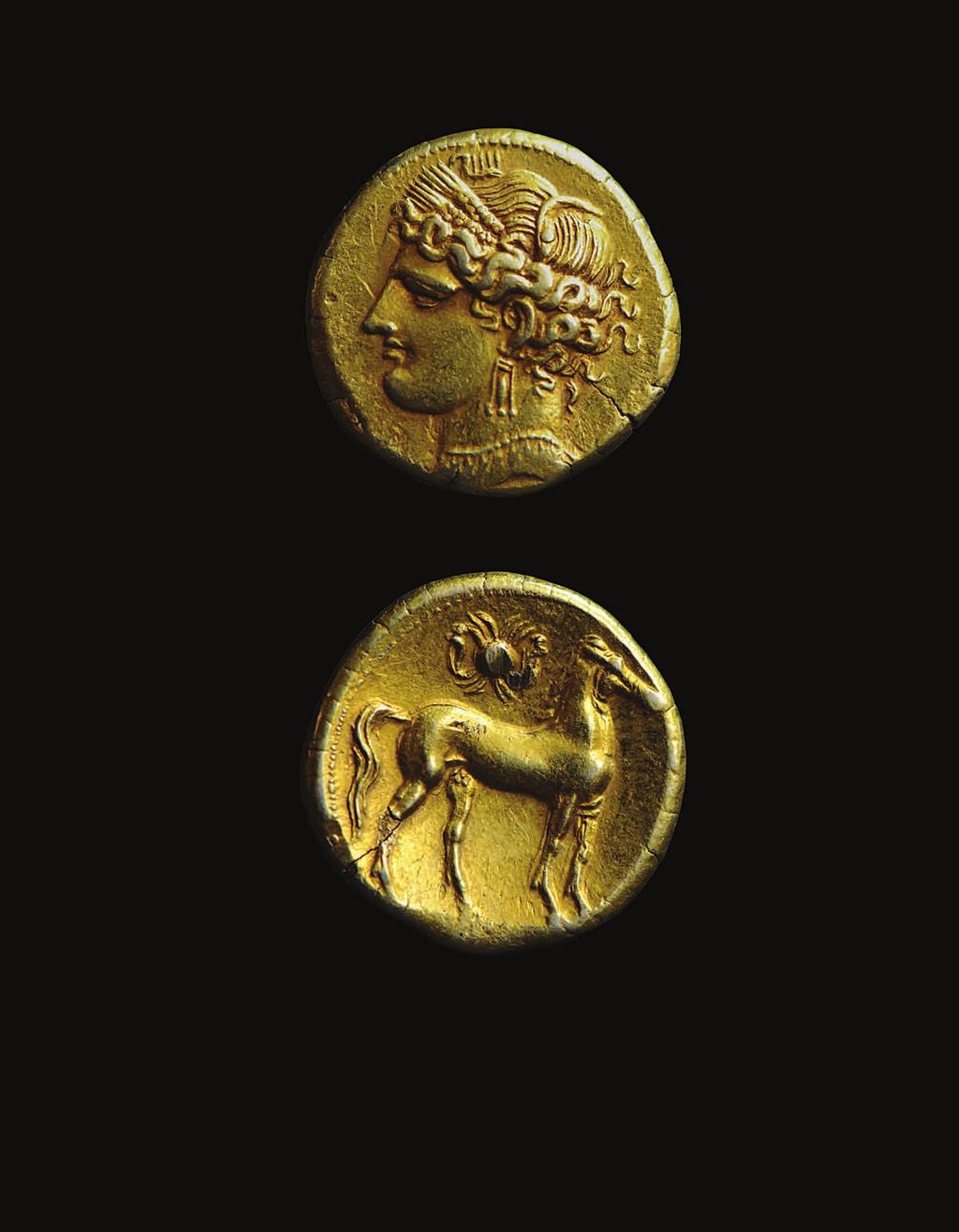 ANCIENT COINS CARTHAGE, ELECTRUM TRIHEMISTATER Head of Tanit at left, wearing a barley wreath, bar and triple pendant earring, and necklace with pendants.