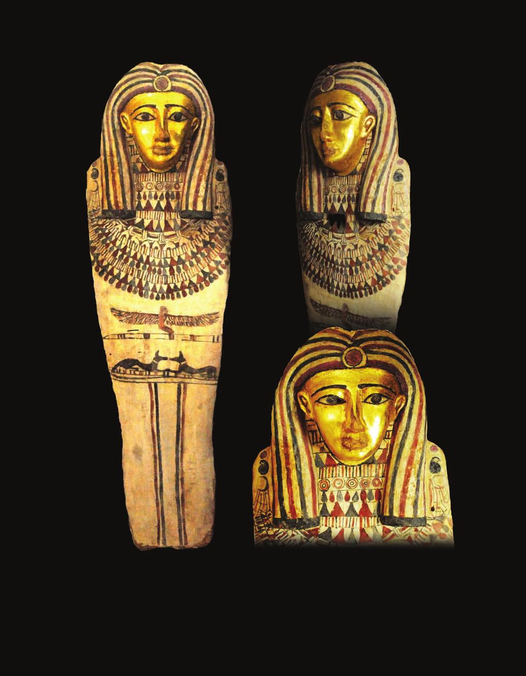 EGYPTIAN EGYPTIAN GESSO PAINTED WOOD SARCOPHAGUS LID The figure wearing a headdress enshrouding his gilded face, a broad decorative collar, underneath, the goddess Maat with her wings out-spread, two