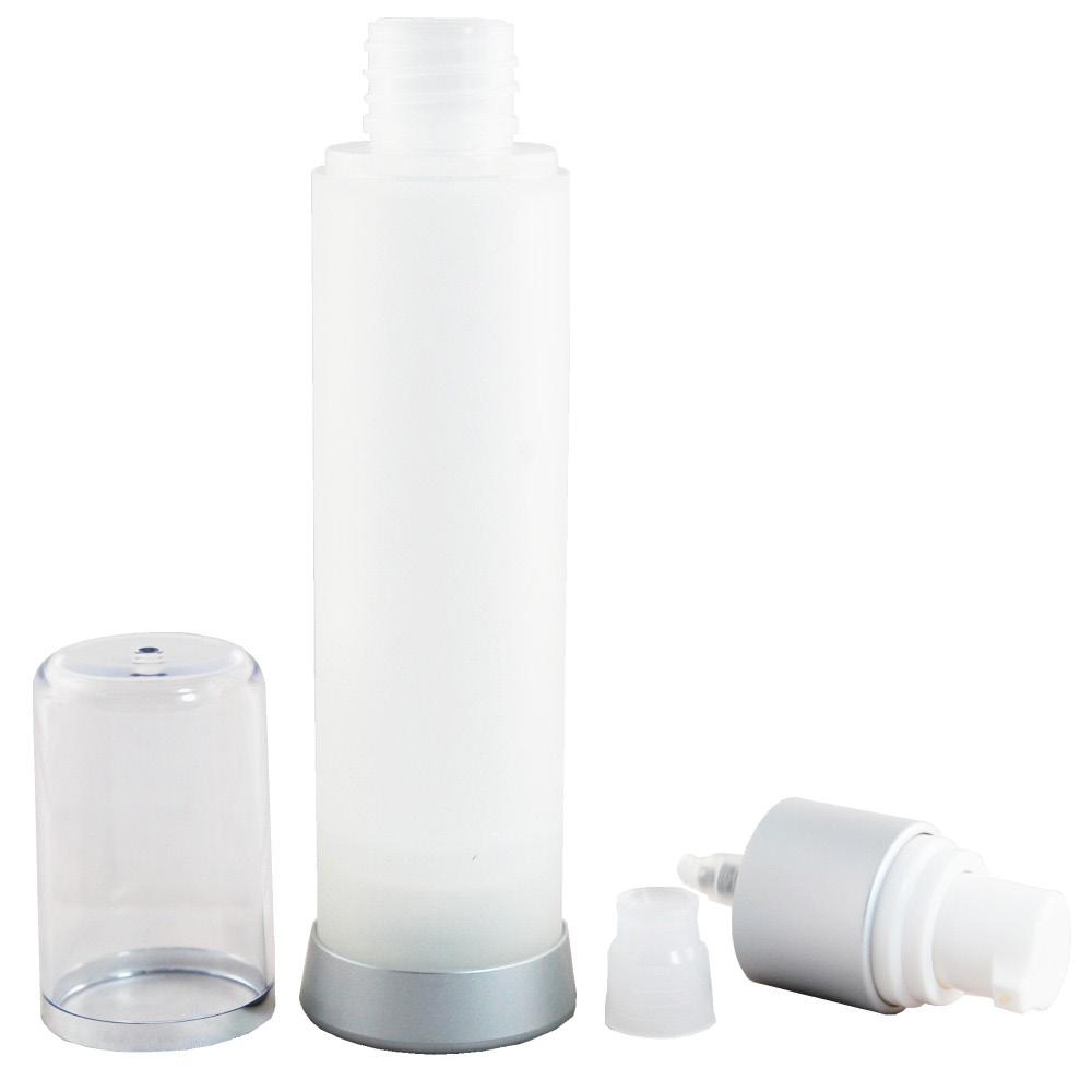 BOTTLES AIRLESS DISPENSER (PARIS 1) 15ML CNT-PARIS-01 Description: Round, frosted bottle (polypropylene) with matt silver base, clear overcap with shiny silver band, height 10.