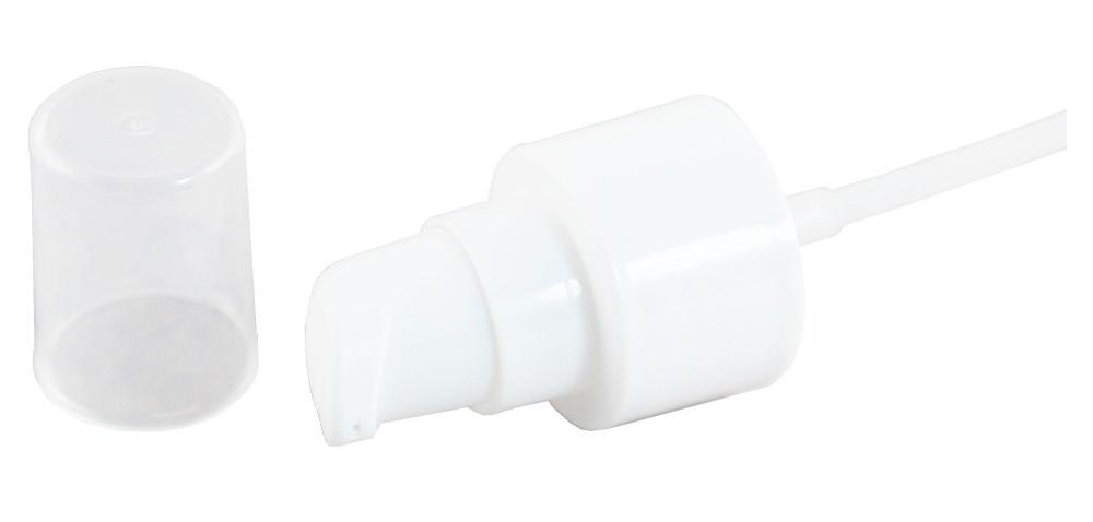 PUMP FOR LOTIONS, WHITE (MERA 6) CNT-TRPU-06 Caps & Pumps Description: White cosmetic treatment pump. Clear polypropylene cap. Small size (20/410), Large size: (24/410). Use: For all kinds of lotions.