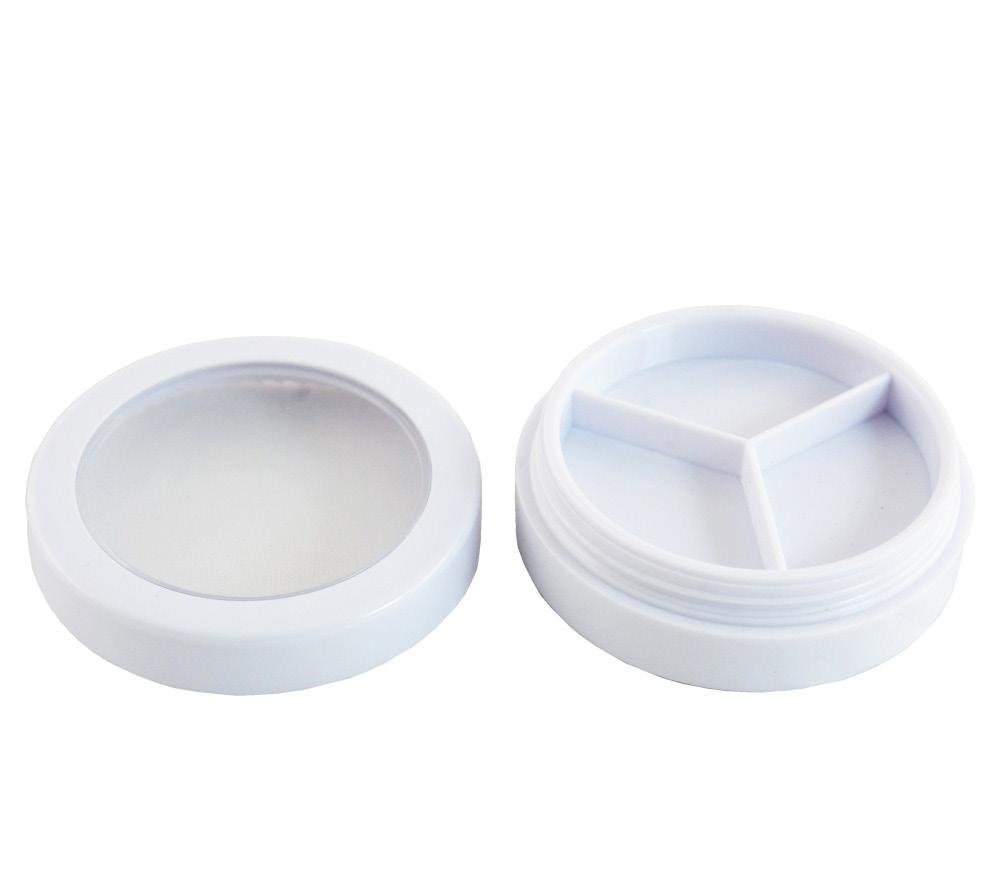 Transparent body & cap. Holds 8 ml (0.25 fl oz). Dimensions: diameter 37mm (1.45in), height without cap 17mm (0.66in), height with cap 20mm (0.78). Use: For eye shadows, powders. $1.