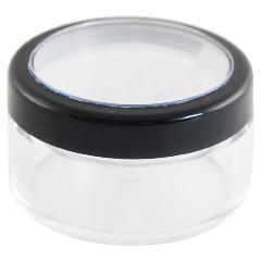 90 POWDER CONTAINER (BUCA 2) CNT-BUCA-02 Description: Transparent, round plastic jar with with separate, natural sifter; lined srew cap with clear lense and black rim.