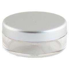 40 POWDER CONTAINER 45ML (BUCA 4) CNT-BUCA-04 Description: Transparent, round plastic (styrene) jar with silver, screw cap. Comes with turnable plastic sifter insert with open/close function.