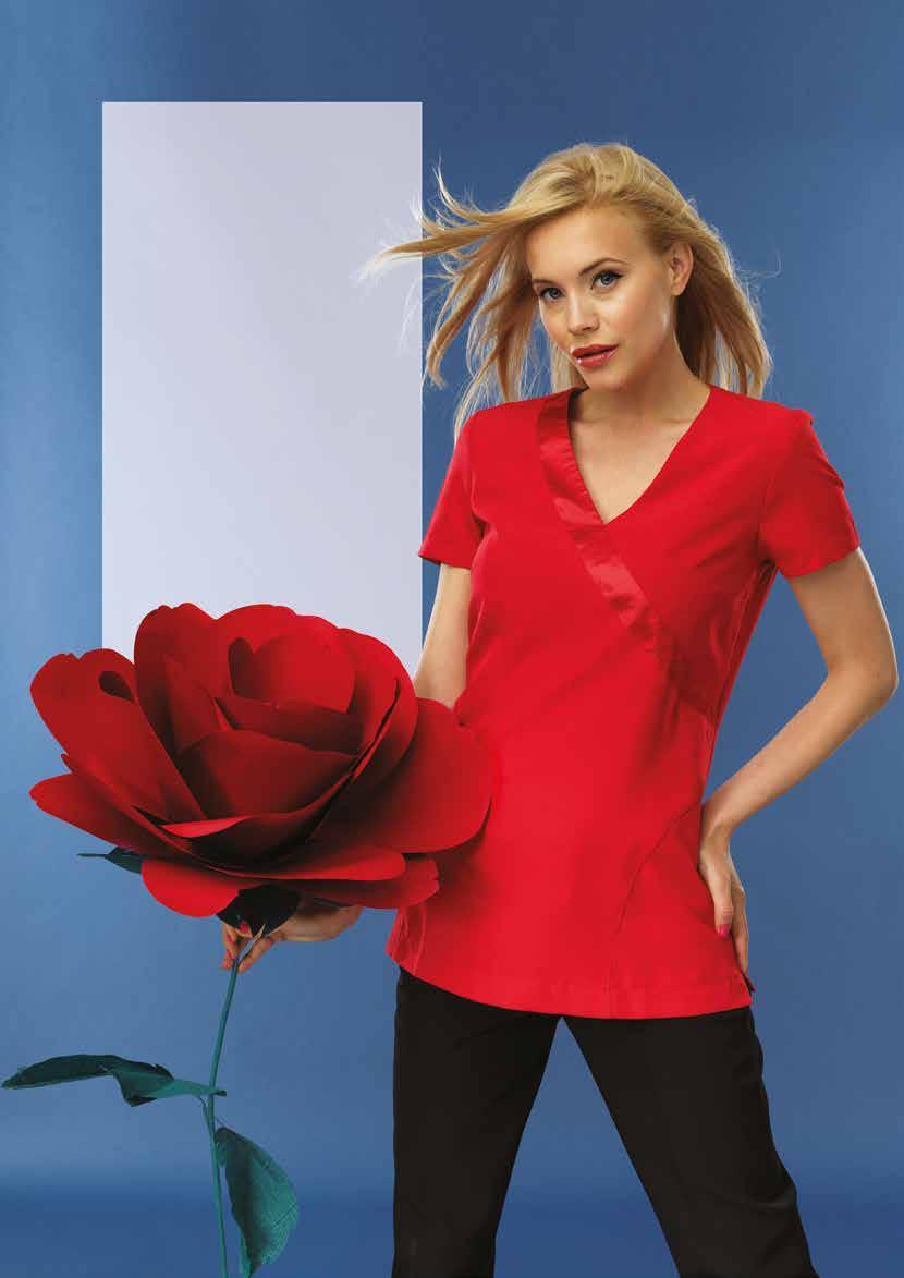Rose UNIFORMS THAT WORK FOR YOU WRAP SATIN TRIM Strawberry Red Hot Pink Purple BEAUTY TUNIC CODE: PR690 The Rose features an