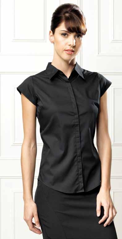 Covered placket with button fastening, easycare fabric, minimal iron, domestic wash at 40 C.