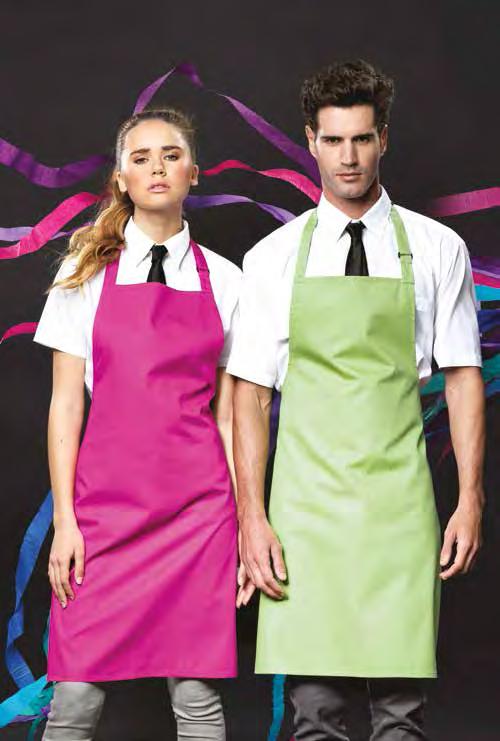 EXPLORE THE PSYCHOLOGY OF COLOUR WITH THE ULTIMATE APRON UNIFORMS THAT WORK FOR YOU 58 SHADES Bib Apron PR50 Full bib apron with sliding adjustable neck buckle and self fabric ties, industrial