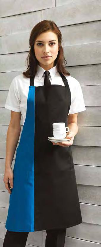 Essential bib apron with self fabric ties 75cm long. Industrial laundry at 85 C, domestic wash at 60 C.