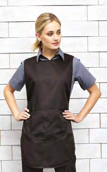 Ladies long length tabard with black trim detail, adjustable stud fastening side tabs and two front pockets.