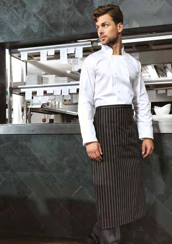 GOURMET STYLE TAPERED SHAPED GASTRONOMY APRON Gastronomy Waist Apron PR64 Tapered waist apron in a woven stripe with a feature side pocket and self fabric ties.