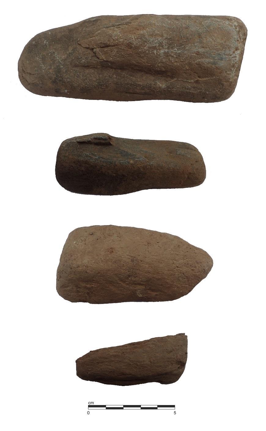 Figure 26: Slate grinding tools. Upper to Lower: Non-Contextualised (spoil heap); Non-Contextualised (spoil heap); Find Number 436, Context (1015); Find Number 447, Context (1015).