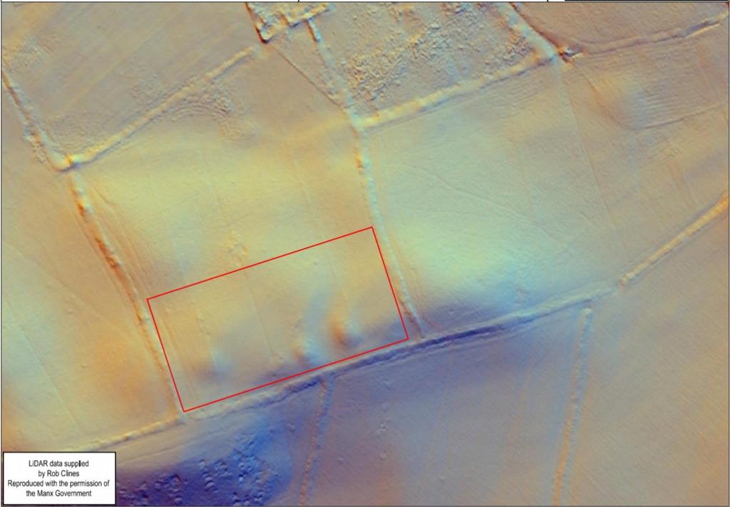 C B A Fig 2: LiDAR plot of Cronk Guckley mounds A-C, showing in red the area covered by the 2016 magnetometry survey.