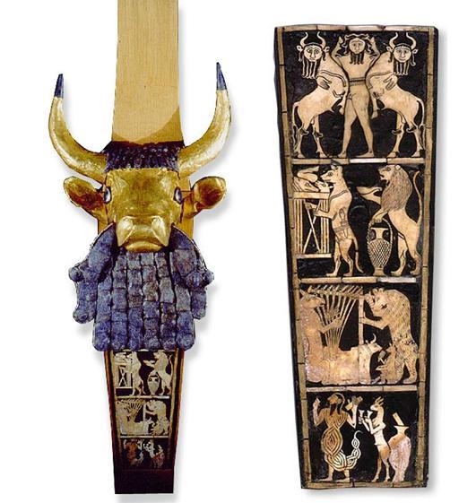 The front wooden panel of the sound box of the royal lyre from Ur is representative of third millennium instrument decoration.