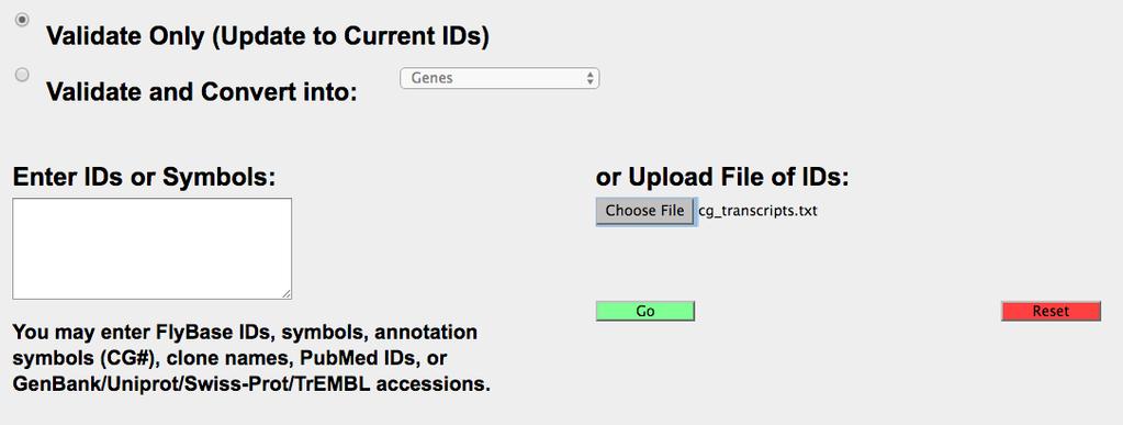 Step 11B: Convert IDs Go to http://flybase.org/static_pages/downloads/idconv.html Upload our cg_transcript.