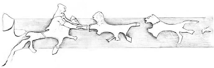 Fig. 14: drawing of the hunting scene right of the handle. To the right of the handle (fig. 14 ), a rider sits on a galloping horse. The animal s body is represented without details.