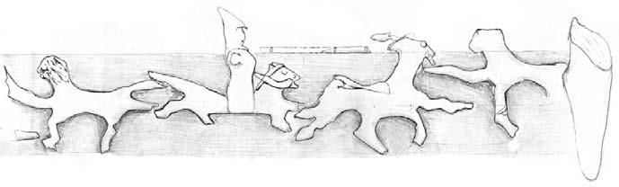 Fig. 15: drawing of the hunting scene left of the handle. On the left side of the handle, four elements are represented (fig. 15). First, there is an animal that may be a lion.