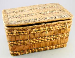 Salish rectangular shaped covered basket, 12".