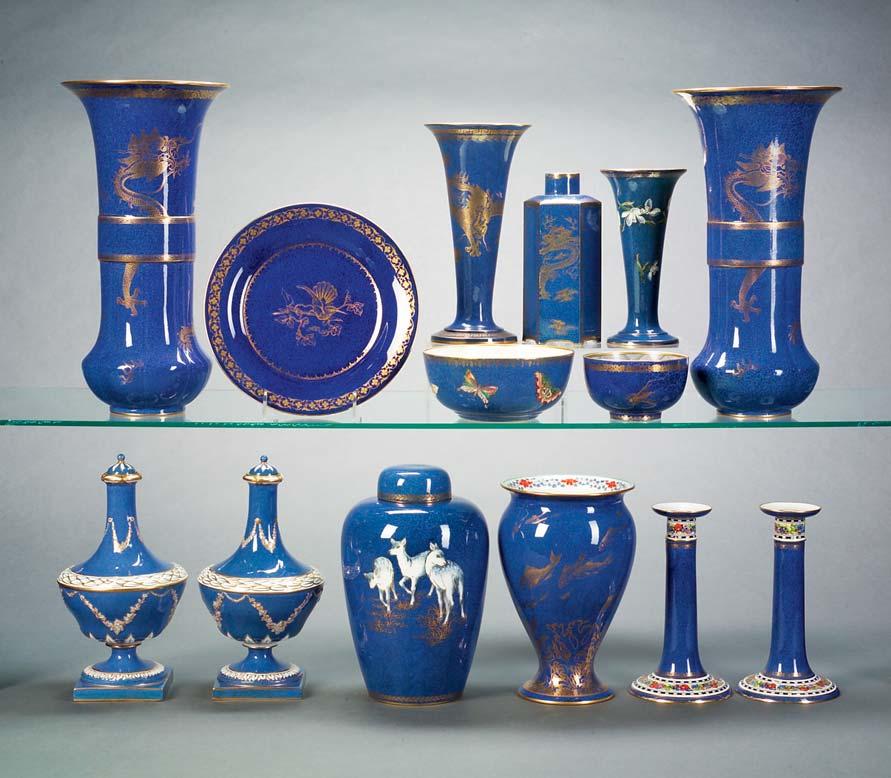 Top row: 553, 554, 556, 555 (3), 557, 553 Bottom row: 558 (2), 559, 560, 561 (2) 559. Wedgwood Powder Blue Bone China Vase and Cover, England, c.