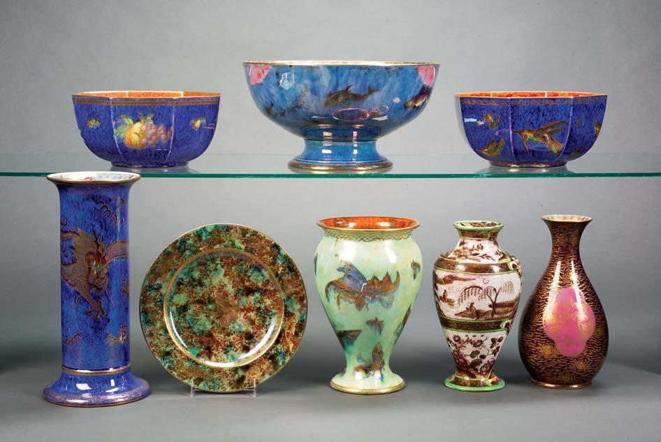Top row: 576, 577, 578 Bottom row: 579, 580, 581, 582, 583 574. Five Wedgwood Lustre Items, England, c. 1920, bowl with dragons, pattern Z4829, mottled blue exterior, mother-of-pearl interior, dia.