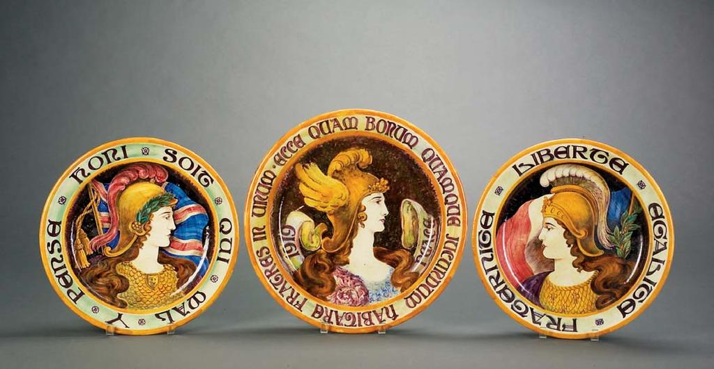 447 448 449 444. Wedgwood Queen s Ware Peace Plaque, England, 1919, polychrome enamel decorated with a Latin verse surrounding a portrait of Bellona, goddess of war, impressed mark, dia. 16 3/4 in.