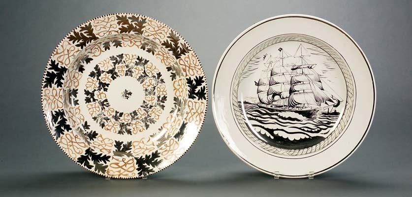 1923, silver lustre and brown enamel foliate design, artist monogram and impressed mark, dia. 18 1/4 in. $1,200-1,800 462. Wedgwood Alfred Powell Decorated Earthenware Deep Dish, England, c.