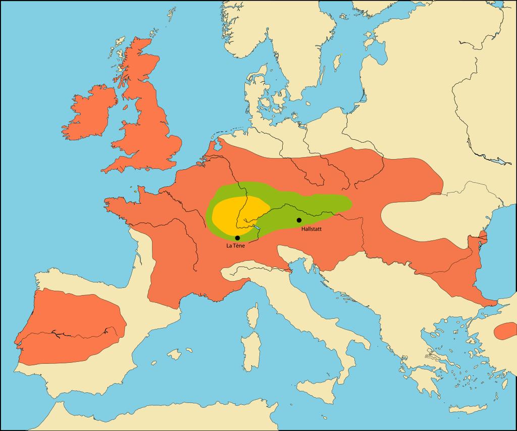 Expansion of the Celtic peoples beginning with the core La Tène culture area (from 450 BC, orange),