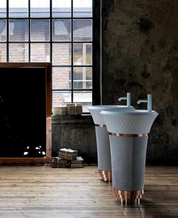 George washbasin in combination matt Ceramilux, polished copper and Bo Hemian Kaki Baxter leather, George mirror with frame in