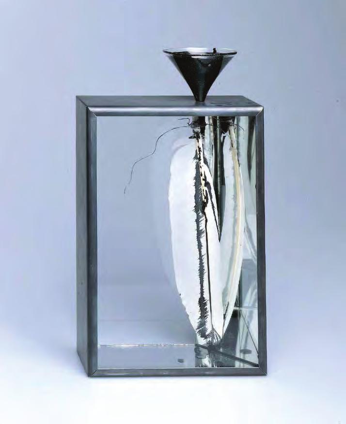 REBECCA HORN Swan Ladder, 1994 For Parkett 40/41 Swan s feather in metal-frame box with glass funnel, ink, glass windows front and back, mirror, 12 1 /4 x