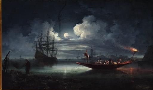 96 96 CARLO BONAVIA, ASCRIBED TO b. Naples, worked in Naples 1740-1756 Fishermen working in the light of the full moon. Unsigned. Oil on canvas. 60 x 100 cm.