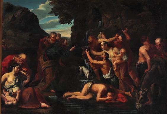 123 123 PAINTER UNKNOWN 17th century Moses beats water from the rock. Unsigned.