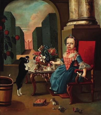 135 135 SPANISH PAINTER 18th century A little noble girl with her toys at a table and her dog in a palace colonnade. Unsigned.
