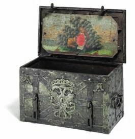 DKK 75,000 / 10,000 149 149 a German rococo iron money chest, the lid with mechanical lock containing