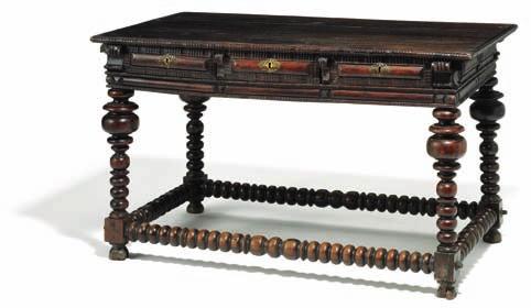 three drawers, profiled legs joined by stretchers. late 17th century. H. 80 cm.