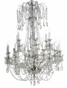 176 a glass chandelier, molded stem with cut glass and 18 curved glass arms in two levels fitted for electricity, hung with prisms in chains, the top adorned