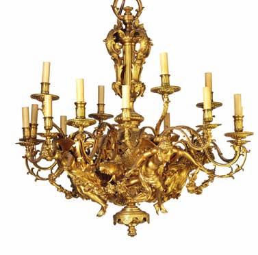 185 a large imposing louis XV style gilt bronze sixteen light chandelier, cast with four large female figures, festoons and shells.