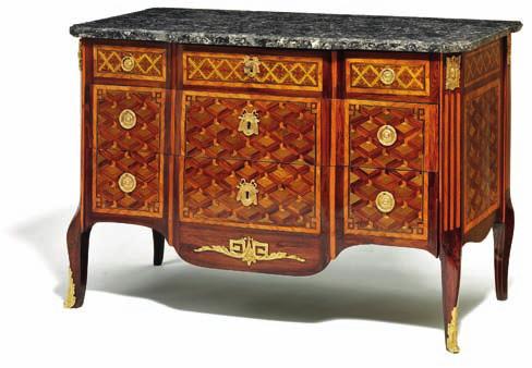 222 222 a french signed transition marquetry chest of drawers with grey marble top and gilt bronze mounting, the bracket front with three small drawers with central locking and two long drawers,